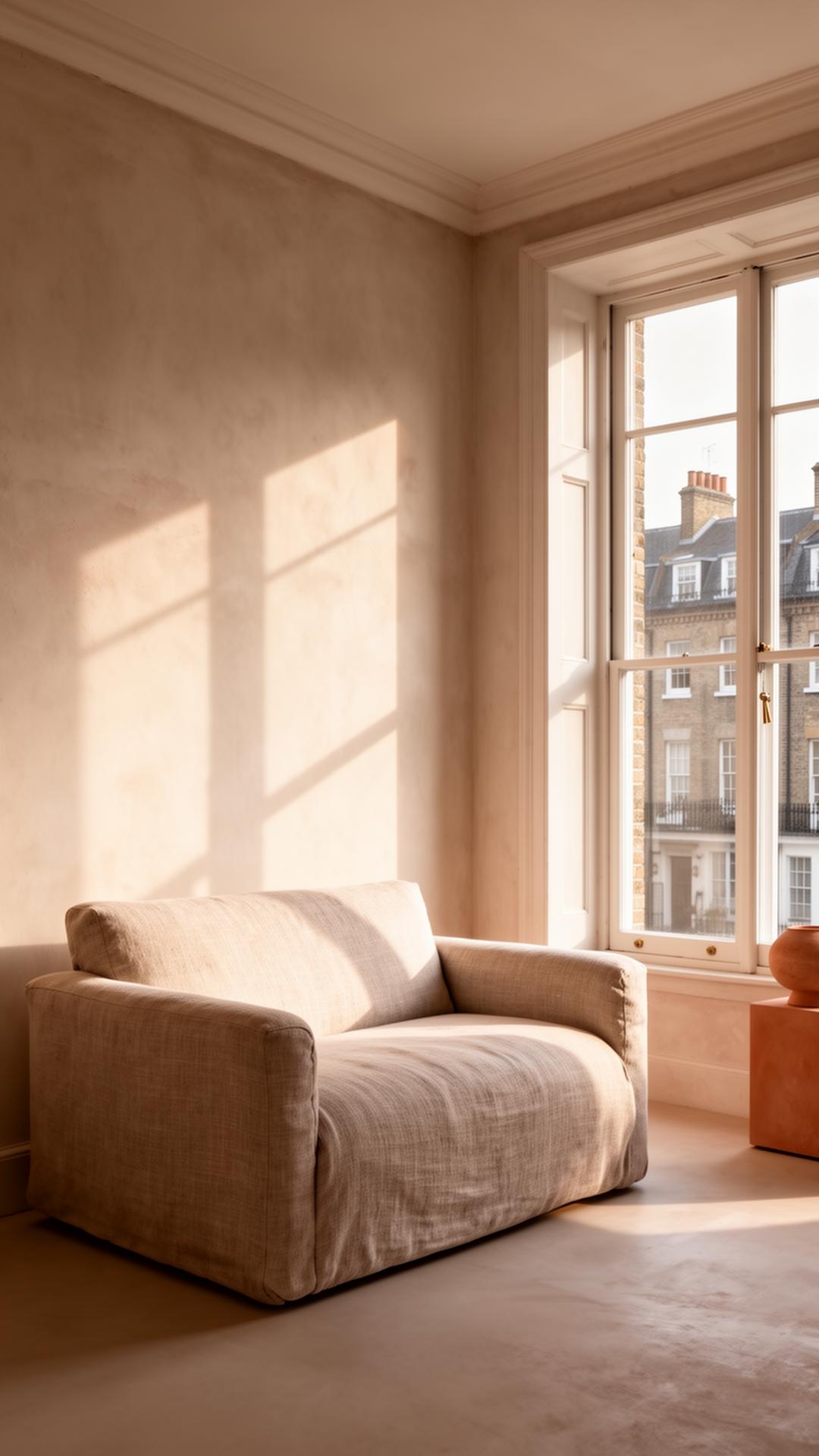 A sunlit London drawing room with a linen sofa and plaster walls